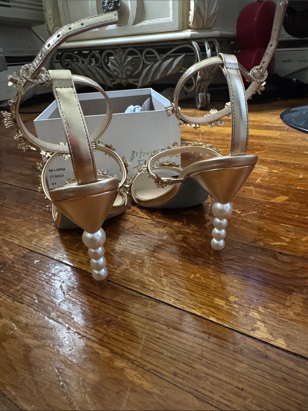Betsey Johnson Gold Floral Ankle-Strap Heels - Picture 4 of 4